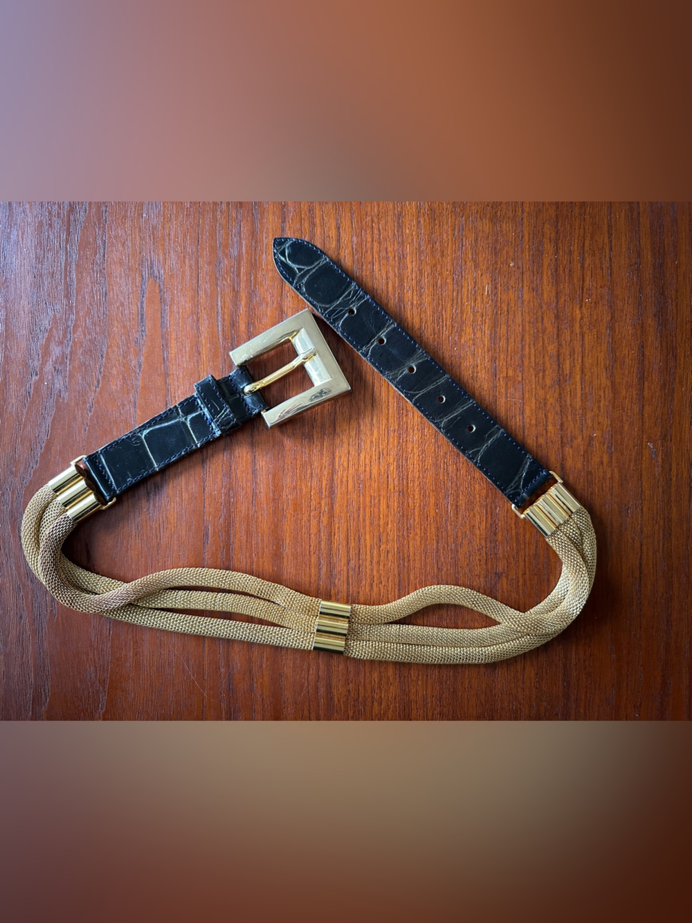 Gorgeous Doppia Vita Italian Croc-Embossed Leather and Gold Mesh Belt